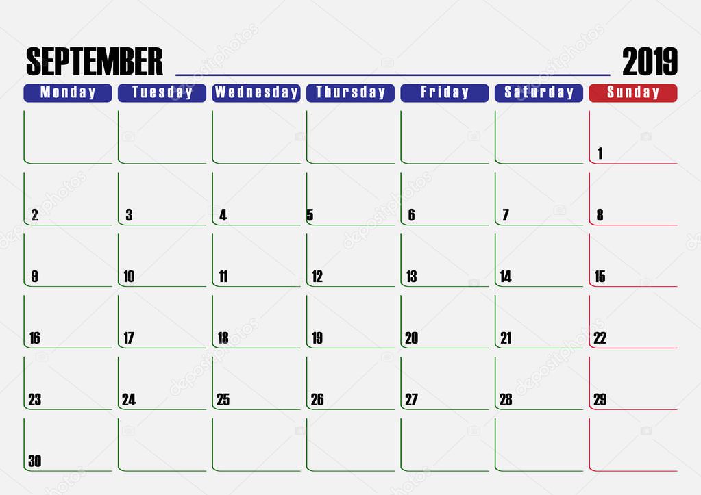 Calendar scheduler. Leaf for September 2019, one day off.
