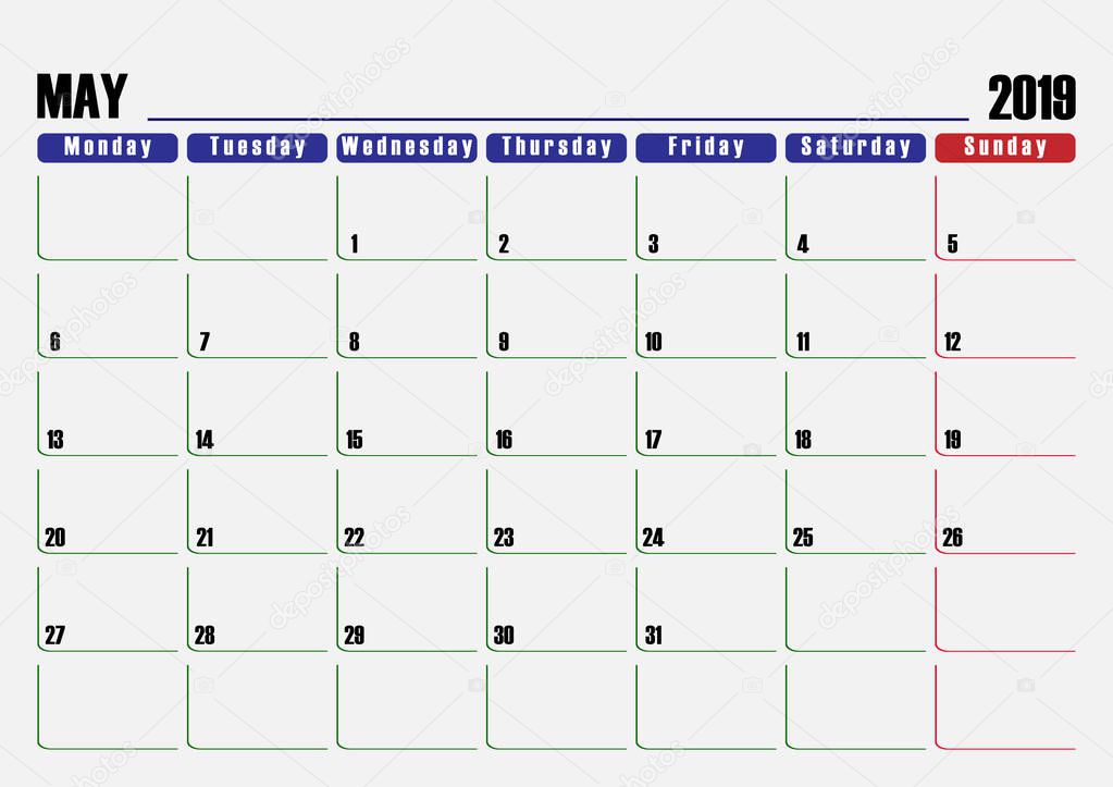 Calendar scheduler. Leaf for May 2019, one day off.