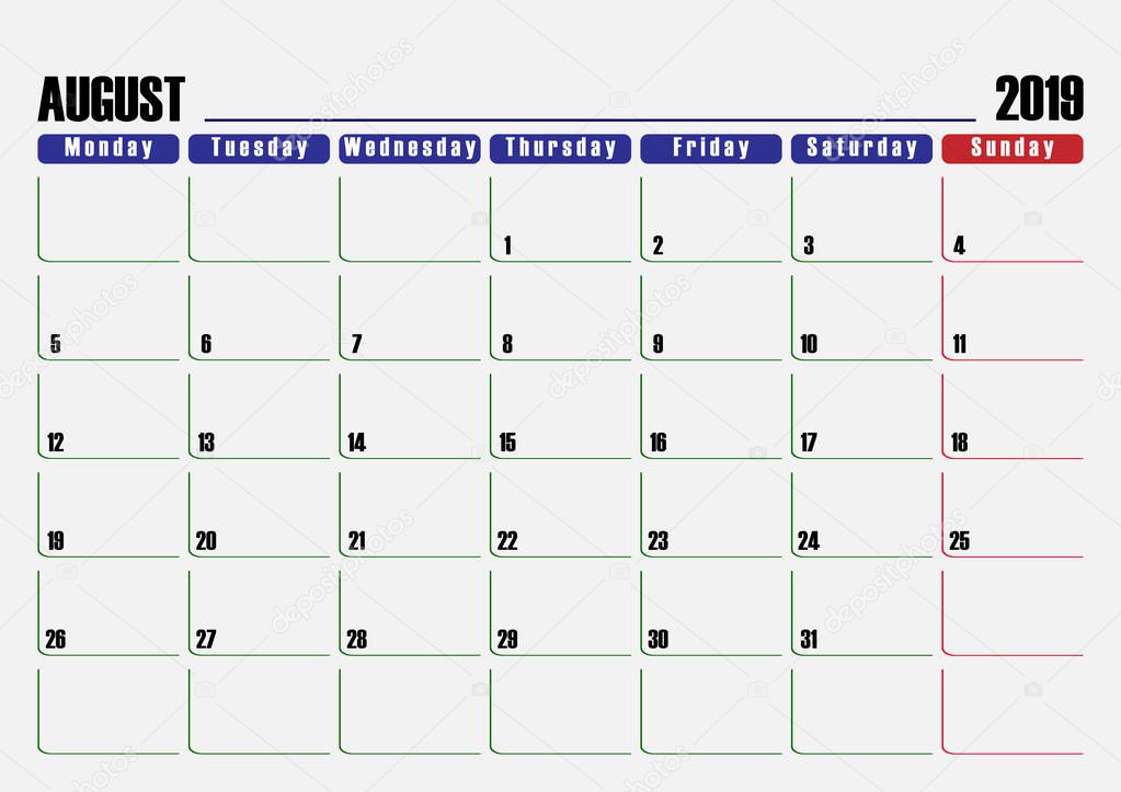 Calendar scheduler. The sheet for August 2019, one day off.