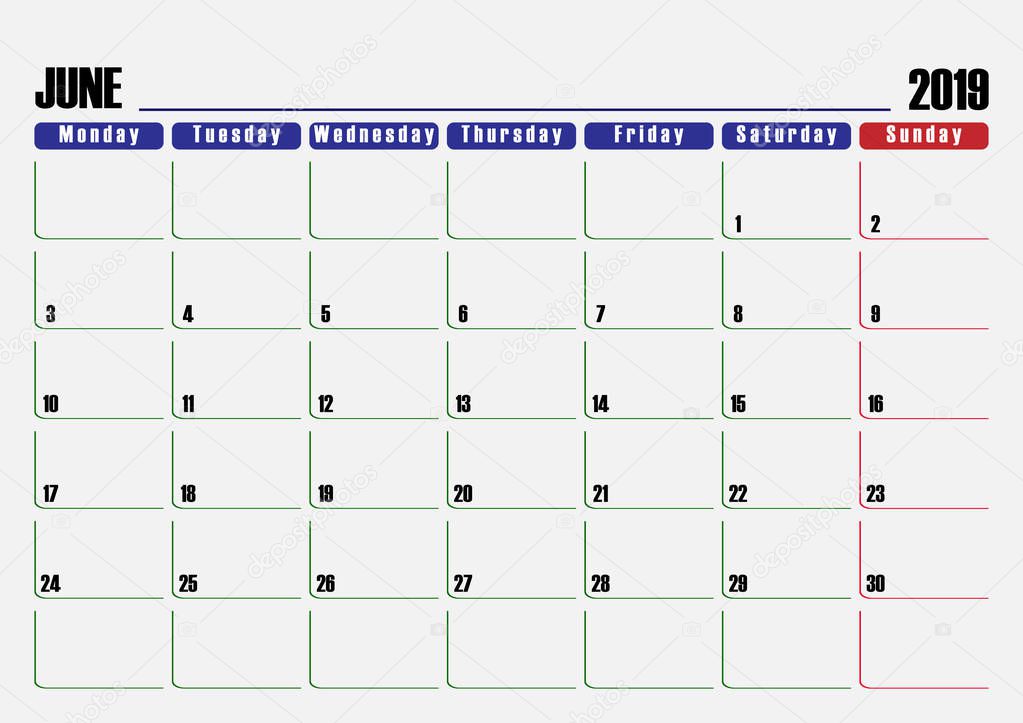 Calendar scheduler. Leaf for June 2019, one day off.