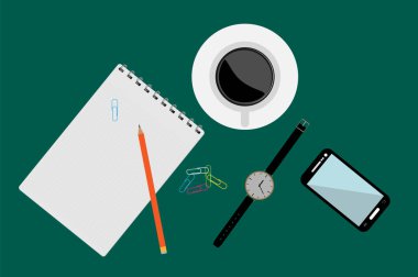Bir fincan kahve, bir saat, bir smartphone ve ileti örneği bir tek renkli renkli yüzeyi, üstten görünüm