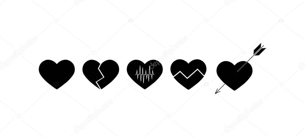 Flat black and white icons of heart silhouettes 