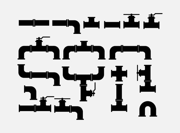 Set of silhouette images of variants of connections of sanitary pipes and valves