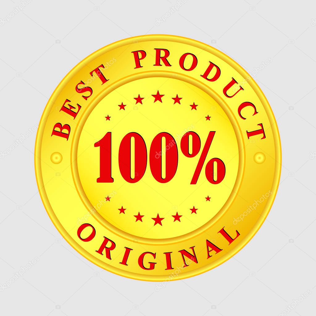 Golden medallion with the inscription Best Product, 100 percent and the original