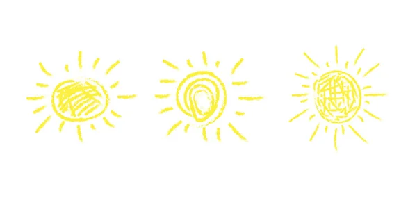 Ein Satz Von Drei Handgezeichneten Bildern Der Strahlenden Sonne — Stockvektor