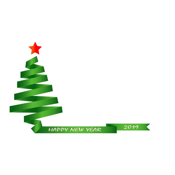 一棵圣诞树的剪影从绿色梯度丝带与题字新年快乐 — 图库矢量图片