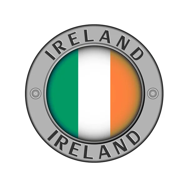圆的金属徽章以爱尔兰的国家的名字和一个圆的旗子在中心 — 图库矢量图片