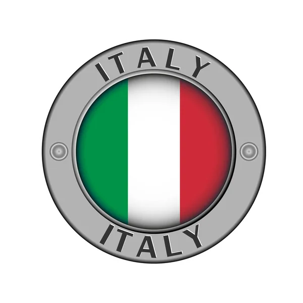 圆的金属徽章以意大利的国家的名字和一个圆的旗子在中心 — 图库矢量图片