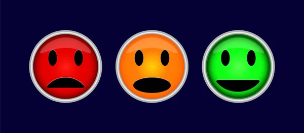 Three colorful buttons with symbols of emotions, sadness, fun, indifference