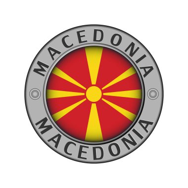Ülke adı Makedonya ve ortasındaki yuvarlak bir bayrak ile yuvarlak metal madalyon