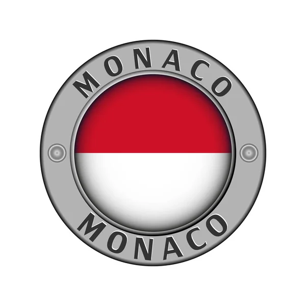 圆形金属徽章 以摩纳哥国家的名义和中心的圆形标志 — 图库矢量图片