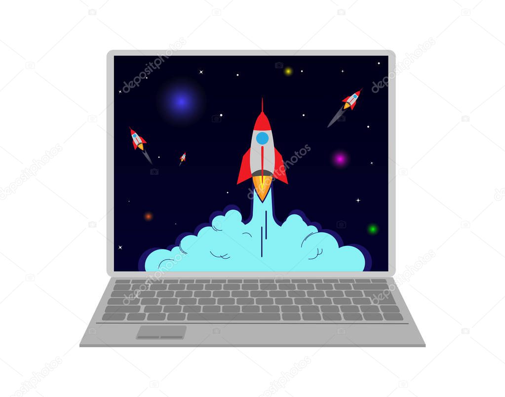 Start the rocket against the black sky on the laptop monitor. Conceptual banner start a startup, business or project
