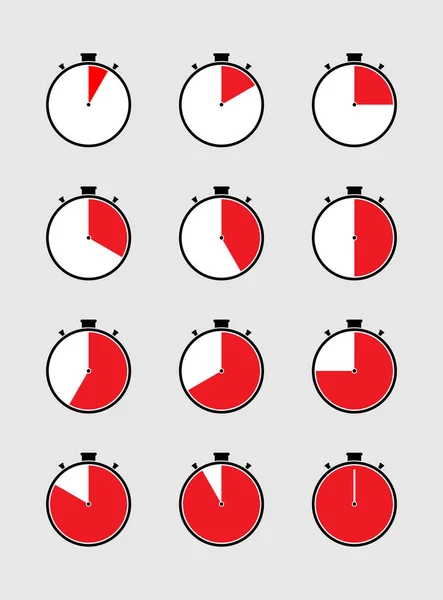 Набор Секундомеров Красным Сектором Отметки Времени — стоковый вектор