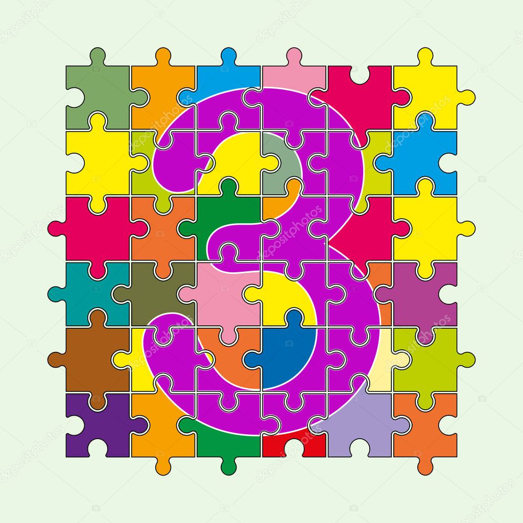 number 3 is composed of pieces of multi-colored puzzles