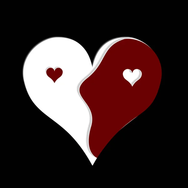 Weißes Herz Mit Hervorgehobener Roter Hälfte Auf Schwarzem Hintergrund — Stockvektor