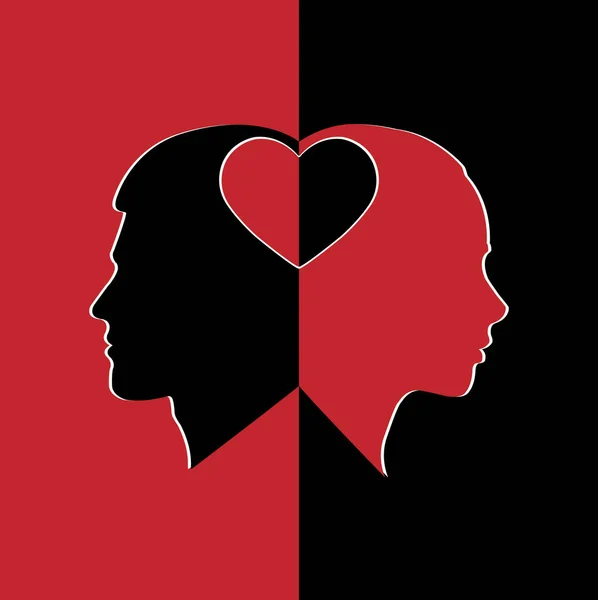 Silhuetas Rostos Masculinos Femininos Com Metades Coração Preto Vermelho — Vetor de Stock