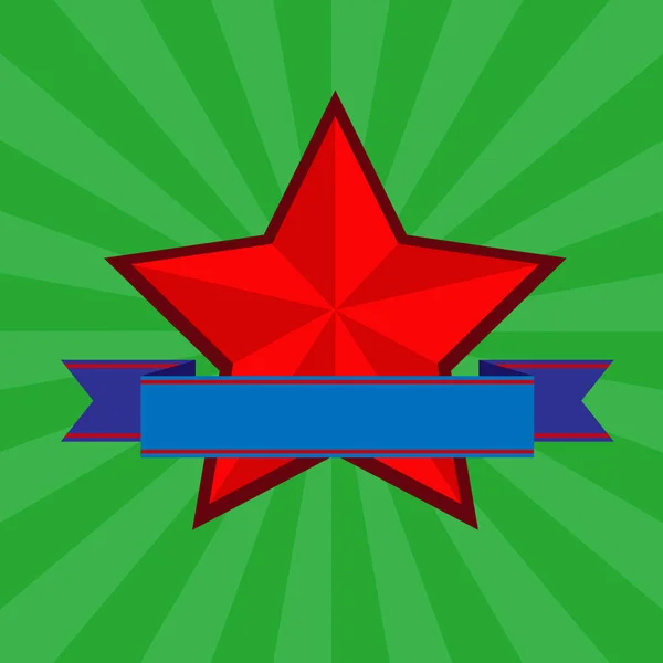 Étoile Rouge Ruban Bleu Sur Fond Rayons Verts Divergents — Image vectorielle