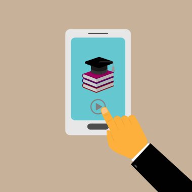 Erkek el Başlat düğmesini video ders e-öğrenme ile Smartphone'da presler