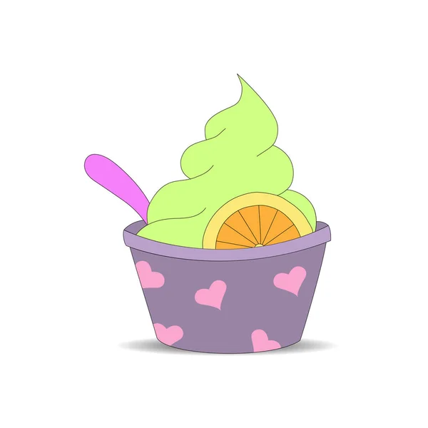 Helado Vainilla Con Una Rebanada Naranja Vaso Con Una Cuchara — Vector de stock