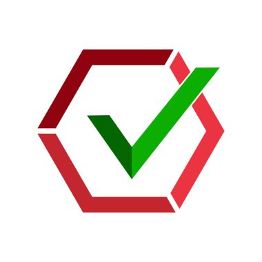 Yeşil onay işareti simgesini kırmızı altıgen bölüme ayrılmıştır. Düz görüntü.