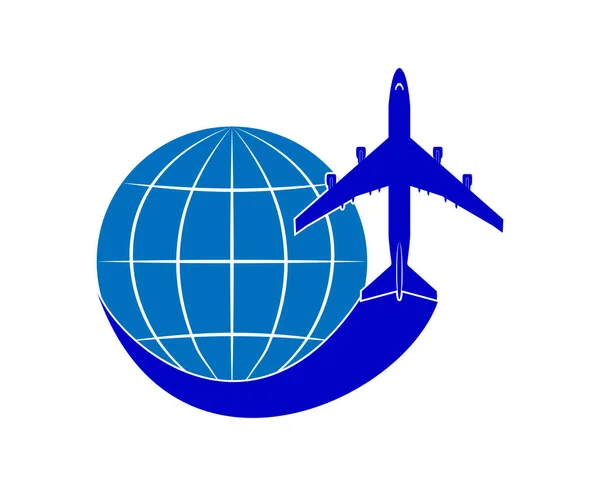 Logo on the theme of aviation. Air transportation. Flight of the airliner and the globe.