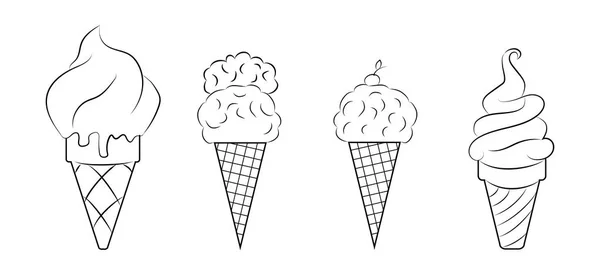 Ensemble Images Contour Crème Glacée Dans Des Tasses Gaufres — Image vectorielle