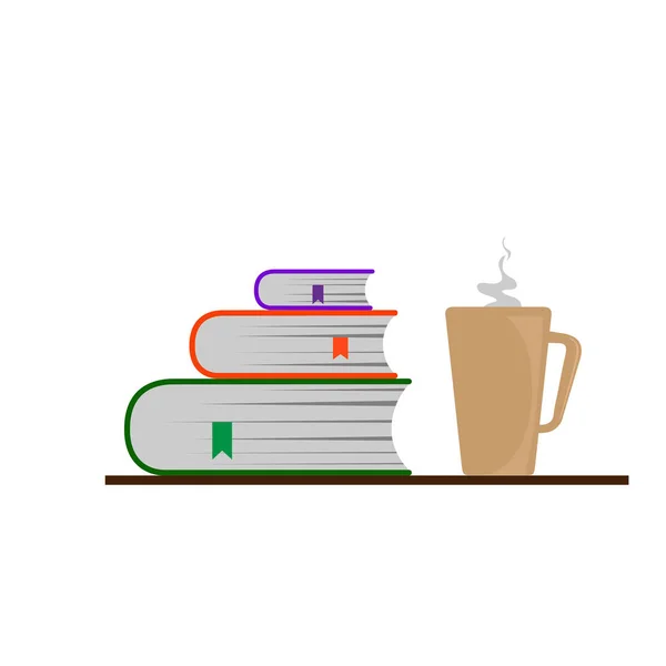 色のブックマークとホットド リンクのカップと書籍のスタック — ストックベクタ