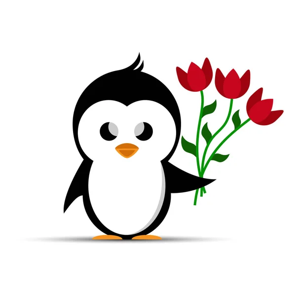 Penguin Holding Bouquet Red Flowers Simple Image — Stock Vector