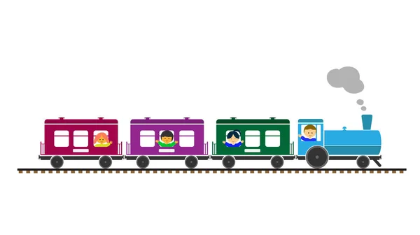 Einfacher Farbiger Kinderzug Mit Lokomotive Wagen Und Kindern — Stockvektor