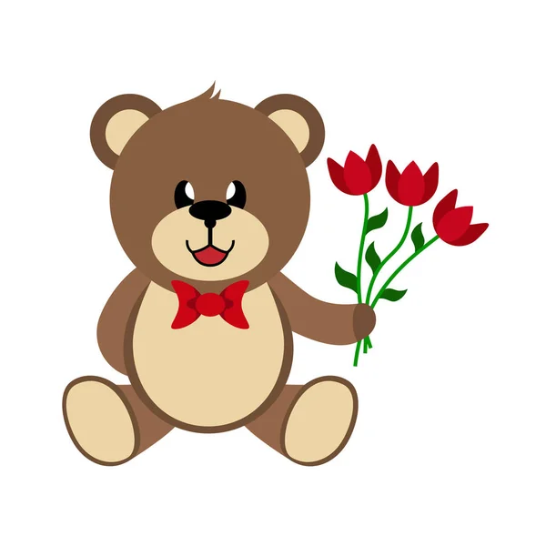 Urso Com Buquê Flores Brinquedo Crianças Desenhado Mão Uma Imagem — Vetor de Stock