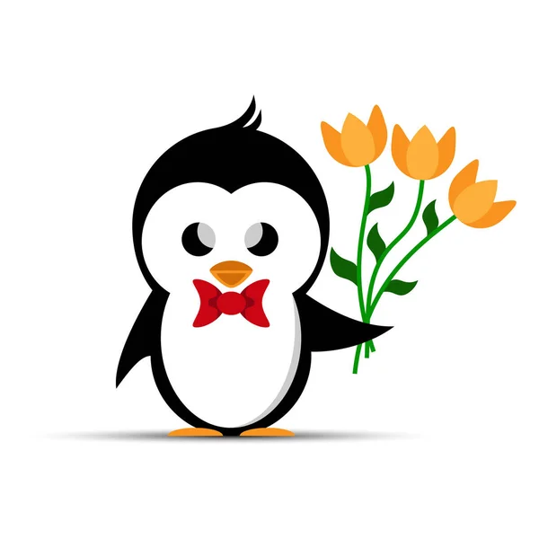 Penguin Red Bow His Chest Holding Bouquet Yellow Flower — Stock Vector