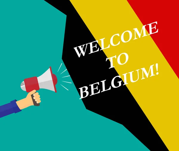 Ręka Megafon Napis Witamy Belgia Tle Flagi — Wektor stockowy