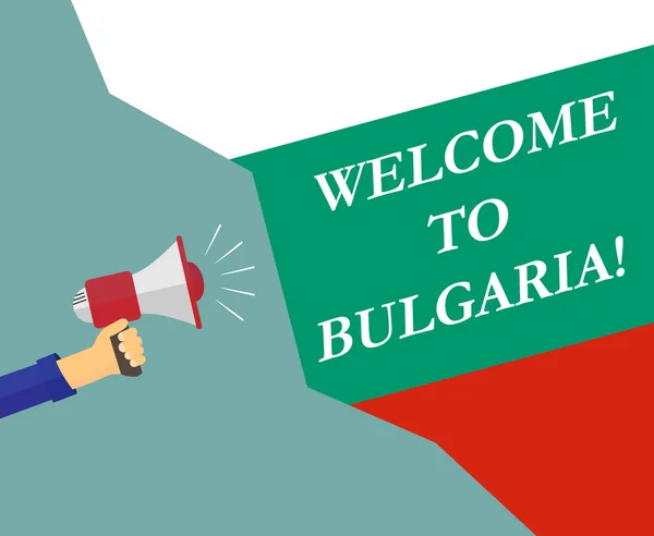 手与扩音器和题字欢迎来到保加利亚的旗帜背景 — 图库矢量图片