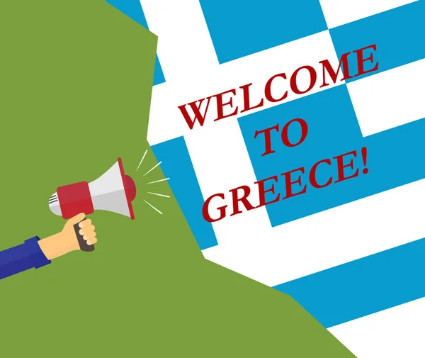 Main Avec Mégaphone Inscription Bienvenue Grèce Sur Fond Drapeau — Image vectorielle