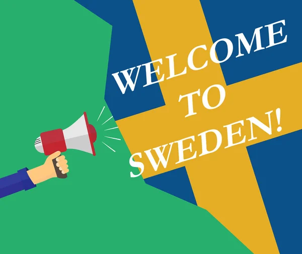 Рука Мегафоном Надписью Добро Пожаловать Швецию Фоне Флага — стоковый вектор