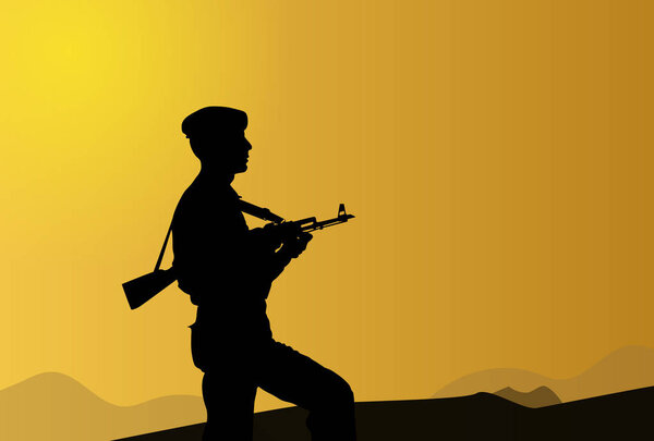 Silhouette drawing. Soldier with a gun on the background of the morning dawn.