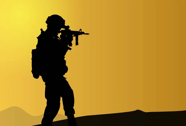 Silhouettenzeichnung Soldat Mit Gewehr Hintergrund Der Morgendämmerung — Stockvektor