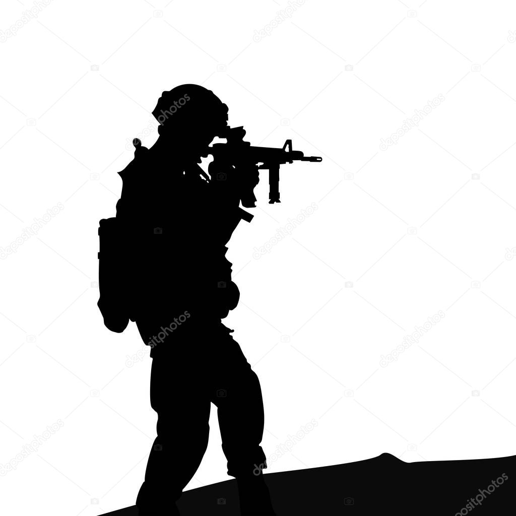 Silhouette drawing. Soldier with a gun on a white background 
