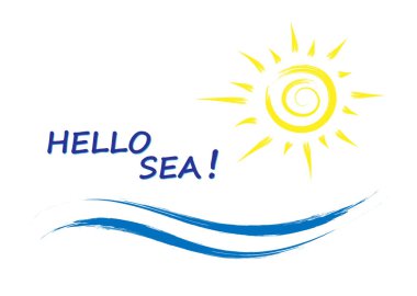 Güneş ve dalga ile yazıt Merhaba deniz, basit çizim