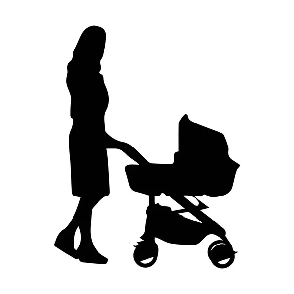 妇女与婴儿马车 简单的剪影画 — 图库矢量图片