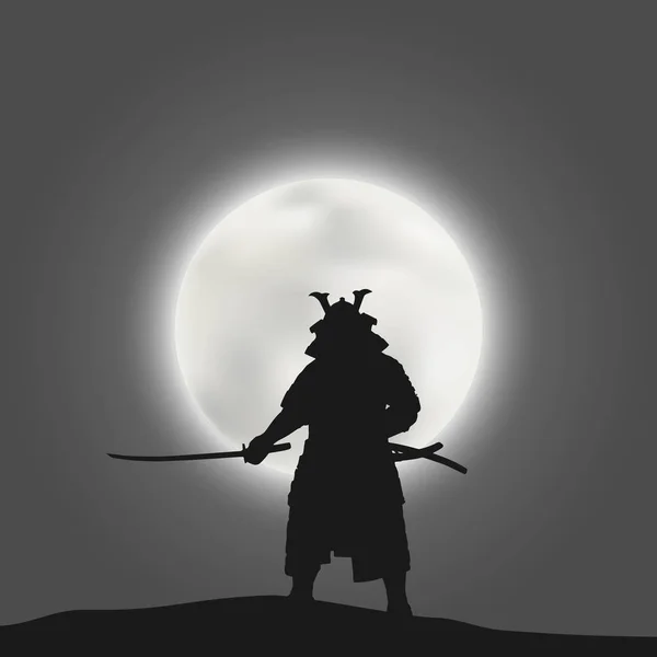 Japanese Warrior Samurai Drawn Sword Background Bright Moon Disk — Stock Vector