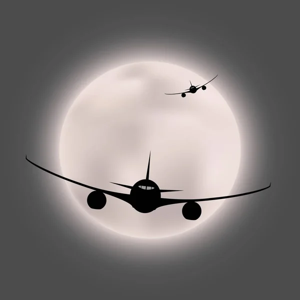 Silhuetten Två Flygande Plan Bakgrunden Full Ljusa Månen Disk — Stock vektor