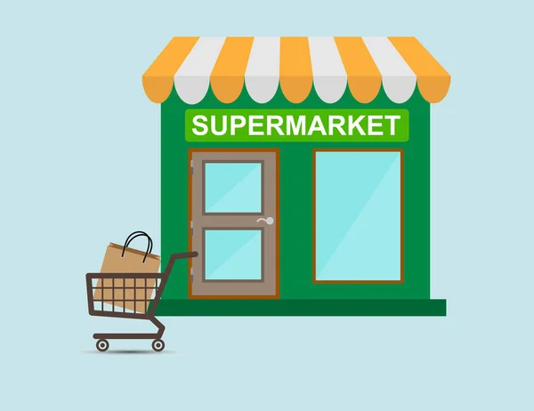 Tienda Con Supermercado Inscripción Carro Con Paquete Comercio Electrónico — Vector de stock