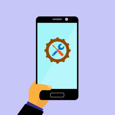 Dişli, tornavida ve İngiliz anahtarı ile smartphone ekran simgesine