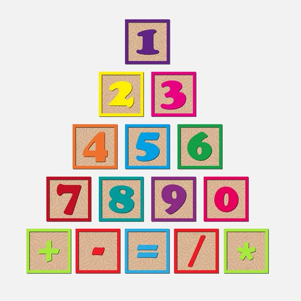 Set houten kubussen met getallen en rekenkundige tekens — Stockvector