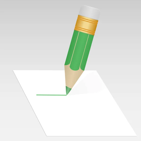 Lápiz verde con borrador y línea dibujada en una hoja de papel . — Vector de stock