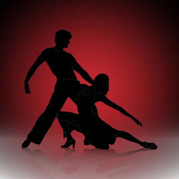 Silhouet van man en vrouw dansen op rode achtergrond met kleurovergang — Stockvector