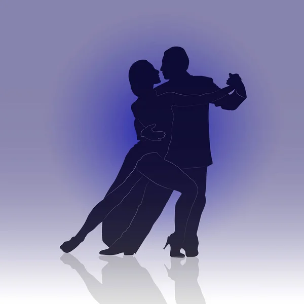 Silhouet van man en vrouw dansen op blauwe achtergrond met kleurovergang — Stockvector