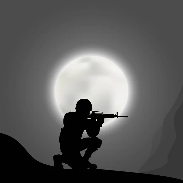 Soldiers with a gun on the background of the big moon. — Stock Vector