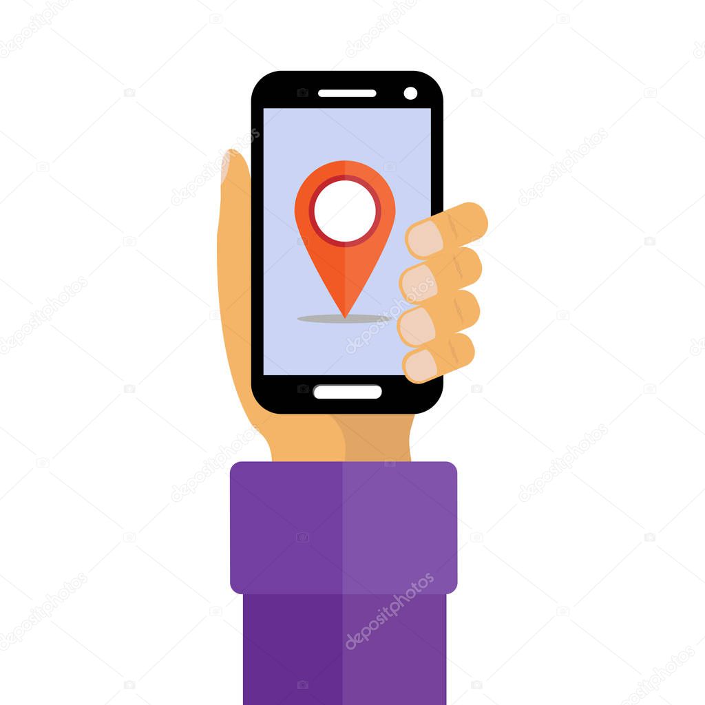 Hand holding smartphone. On-screen location icon